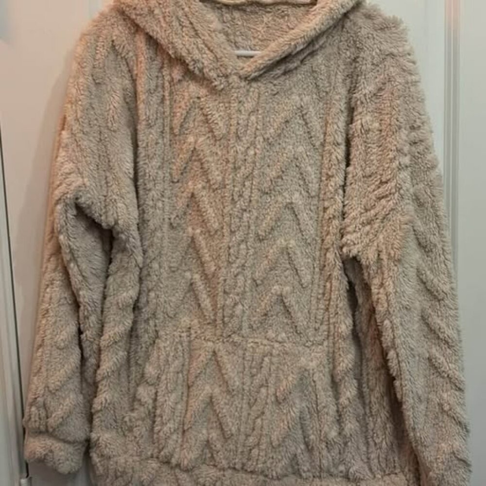 Super Soft & Cozy Beige Faux-Fur Cable Knit Hoodie - Size L